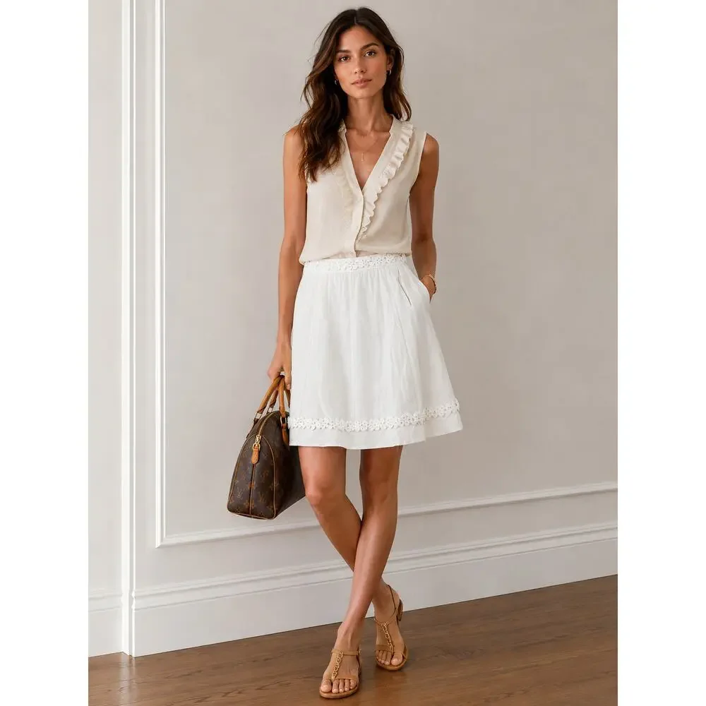 Louis Vuitton Paris White Cotton Embellished Skirt 36 France Silk Lined Rosettes